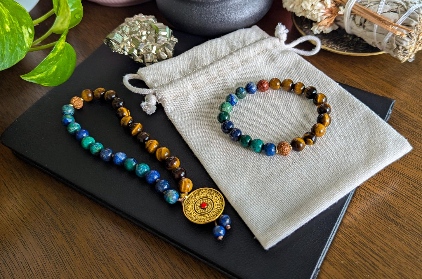 Azurite & Tiger's Eye Mala Set 27-Bead Pocket Mala and Wrist Mala Bracelet | Reiki-Infused Meditation Jewelry for Yoga and Mindfulness