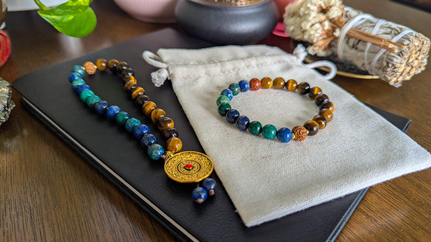 Azurite & Tiger's Eye Mala Set 27-Bead Pocket Mala and Wrist Mala Bracelet | Reiki-Infused Meditation Jewelry for Yoga and Mindfulness