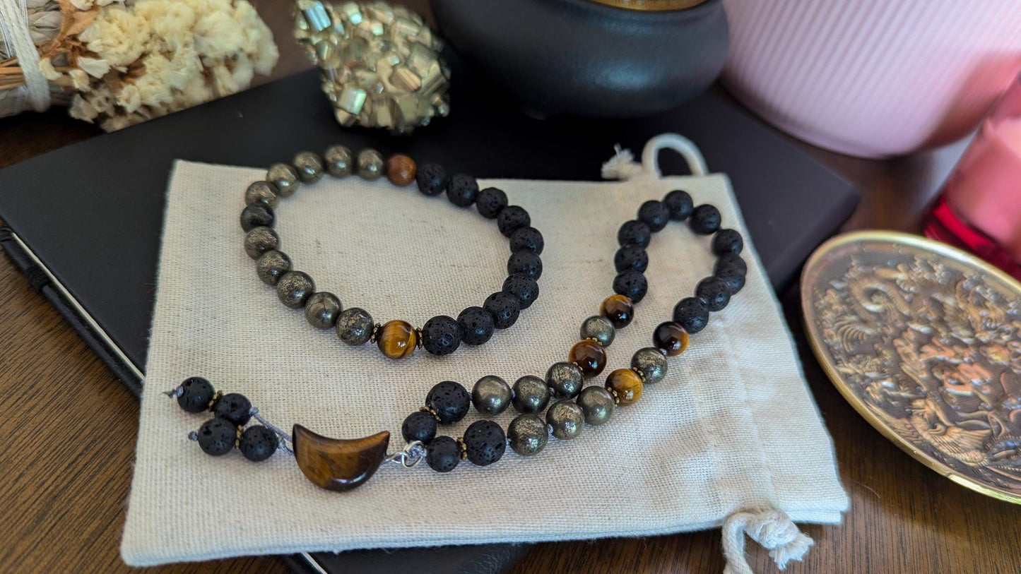 Lava Rock, Pyrite & Tiger's Eye Wrist Mala and Pocket Mala Set Reiki-Infused Bracelet for Strength, Protection and Grounding