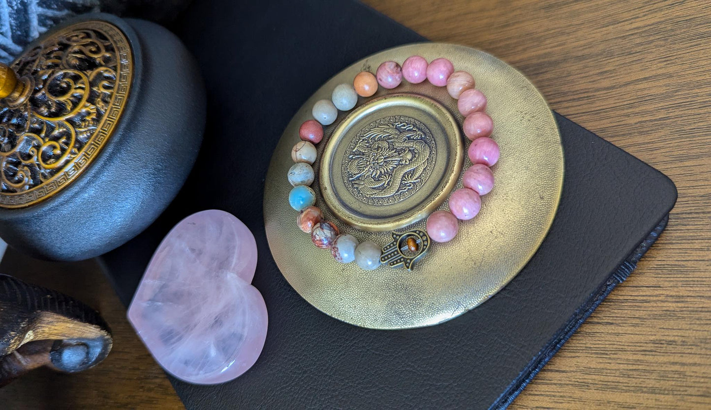 Rhodochrosite & Serpentine 27 Bead Pocket Mala and Wrist Bracelet Set, Reiki-Infused Meditation Jewelry for Healing and Balance