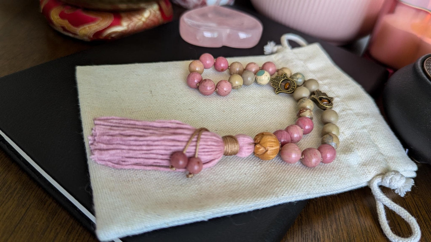 Rhodochrosite & Serpentine 27 Bead Pocket Mala and Wrist Bracelet Set, Reiki-Infused Meditation Jewelry for Healing and Balance