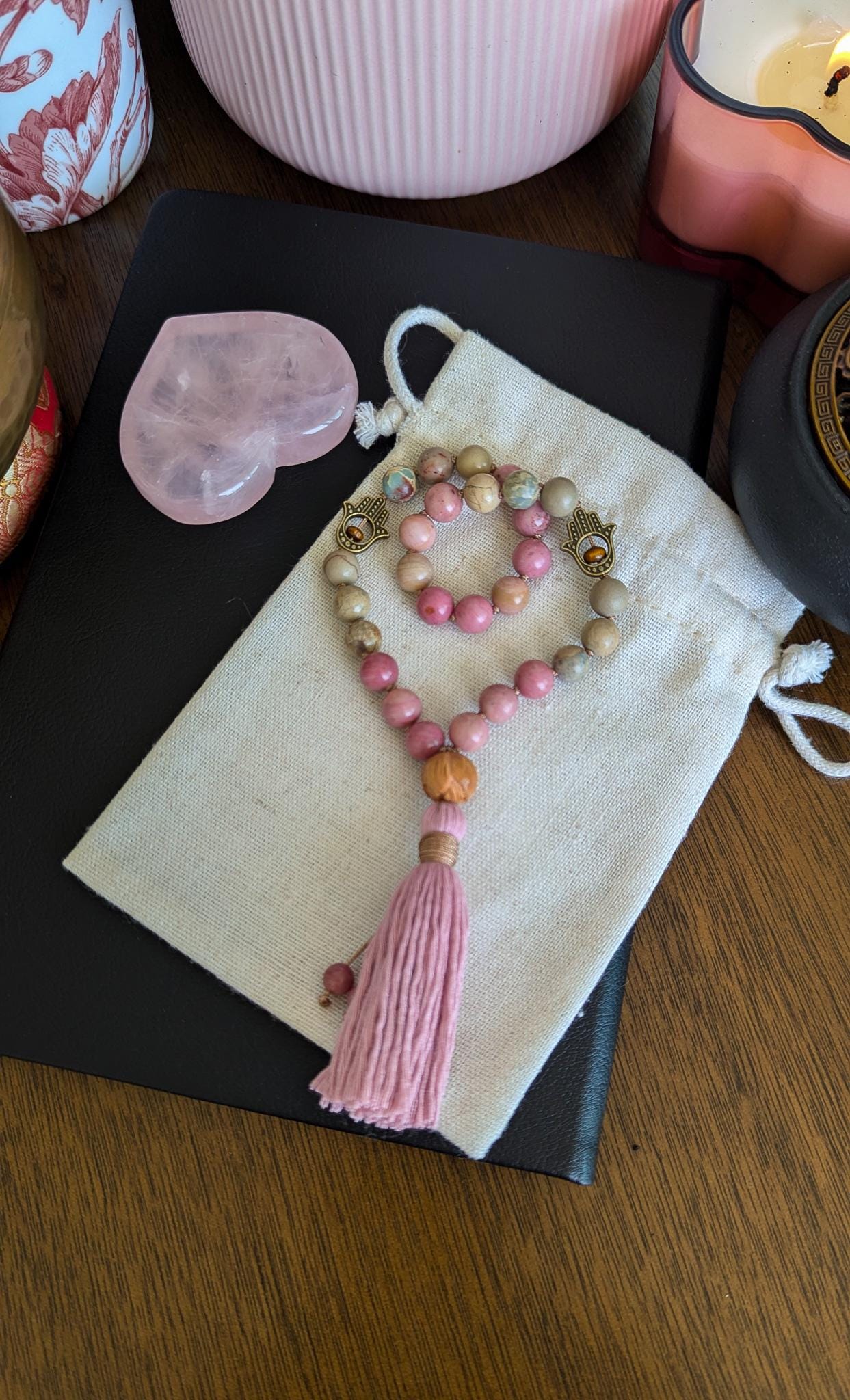 Rhodochrosite & Serpentine 27 Bead Pocket Mala and Wrist Bracelet Set, Reiki-Infused Meditation Jewelry for Healing and Balance