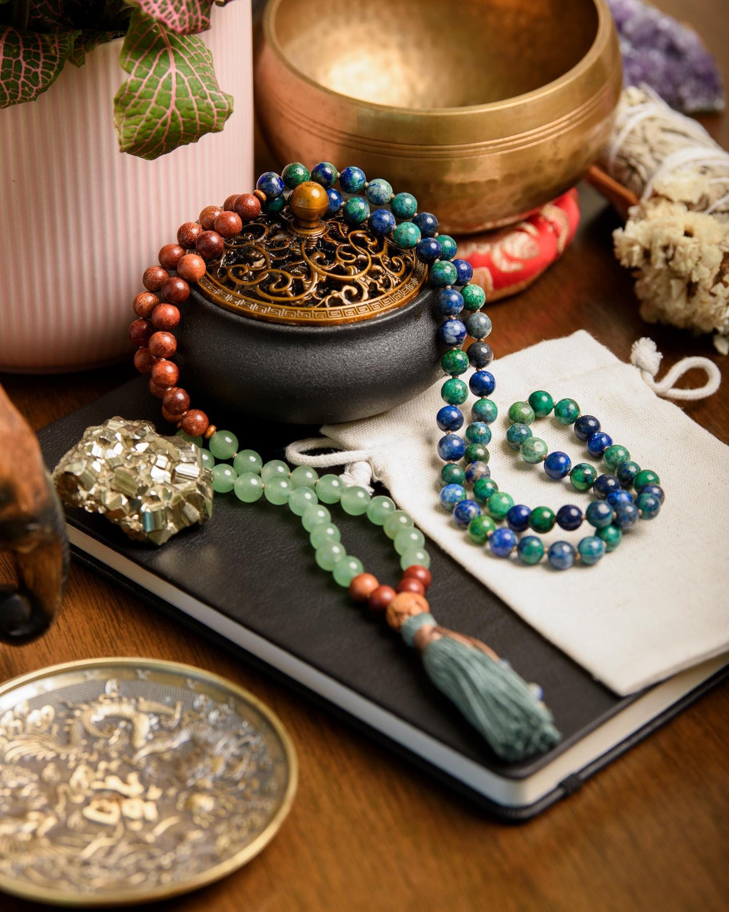 Green Aventurine, Sandalwood & Azurite Mala 108 Bead Reiki-Infused Meditation Necklace for Healing, Mindfulness and Intention Setting