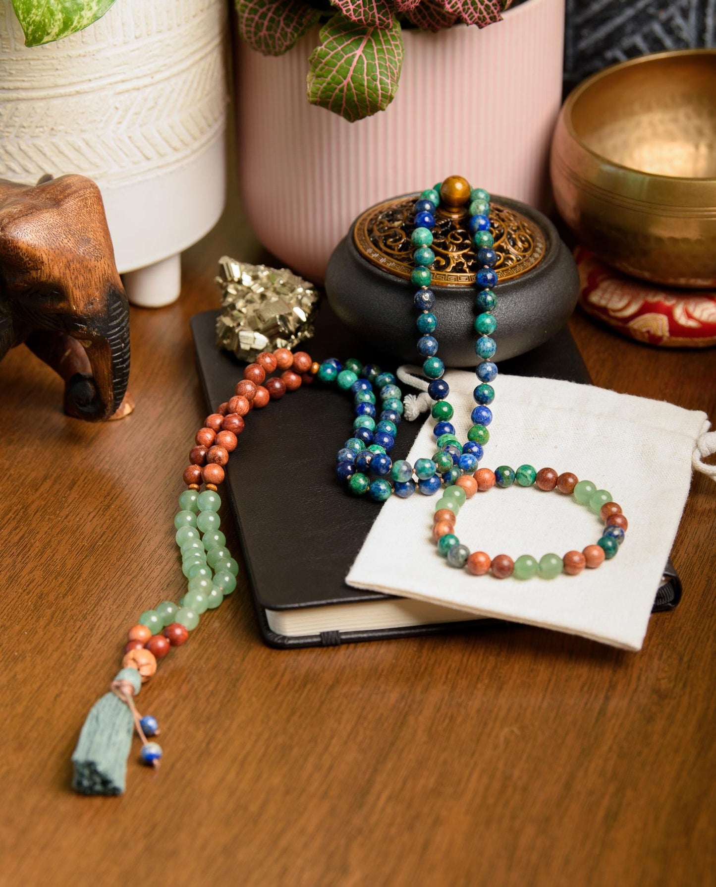 Green Aventurine, Sandalwood & Azurite Mala 108 Bead Reiki-Infused Meditation Necklace for Healing, Mindfulness and Intention Setting
