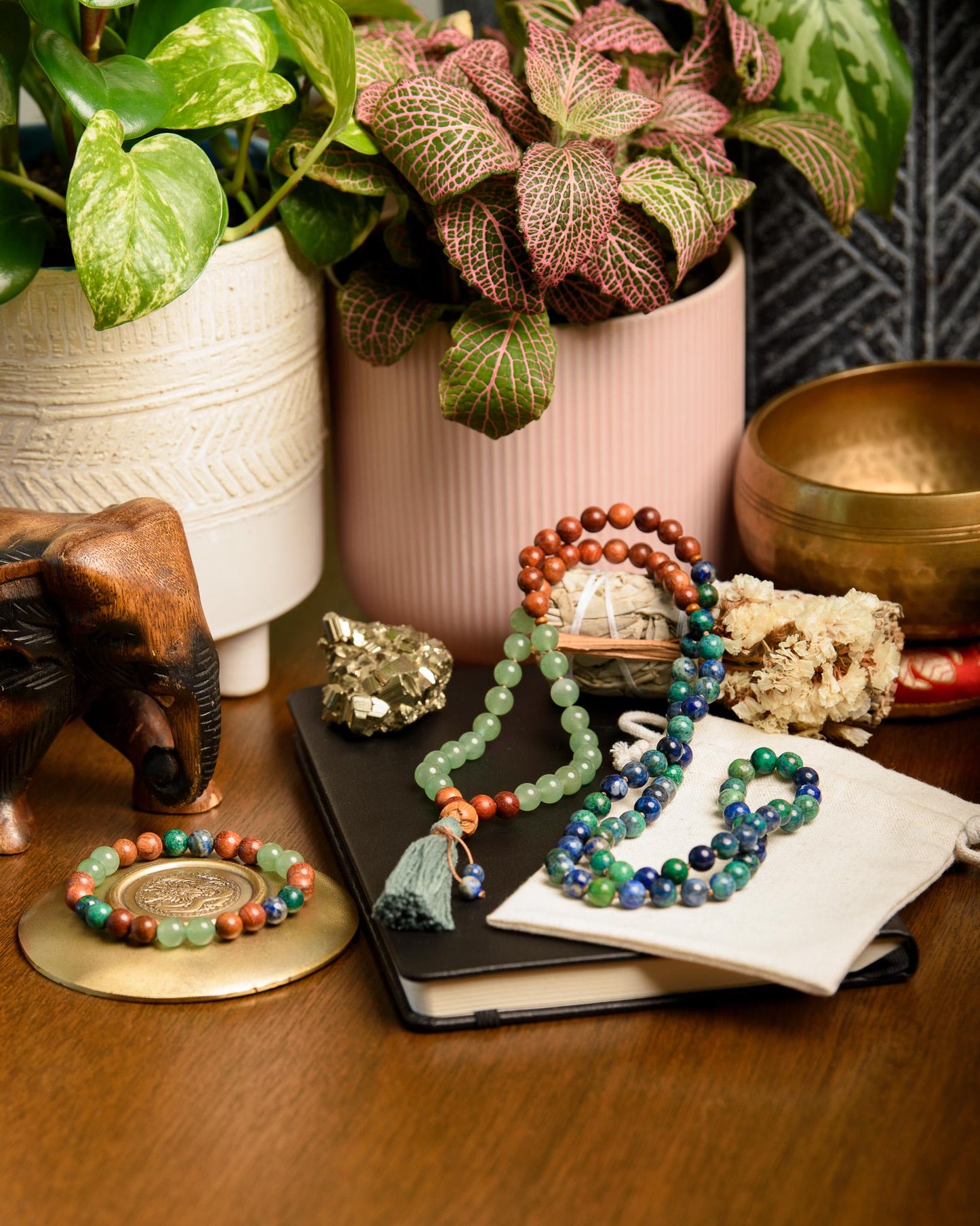 Green Aventurine, Sandalwood & Azurite Mala 108 Bead Reiki-Infused Meditation Necklace for Healing, Mindfulness and Intention Setting