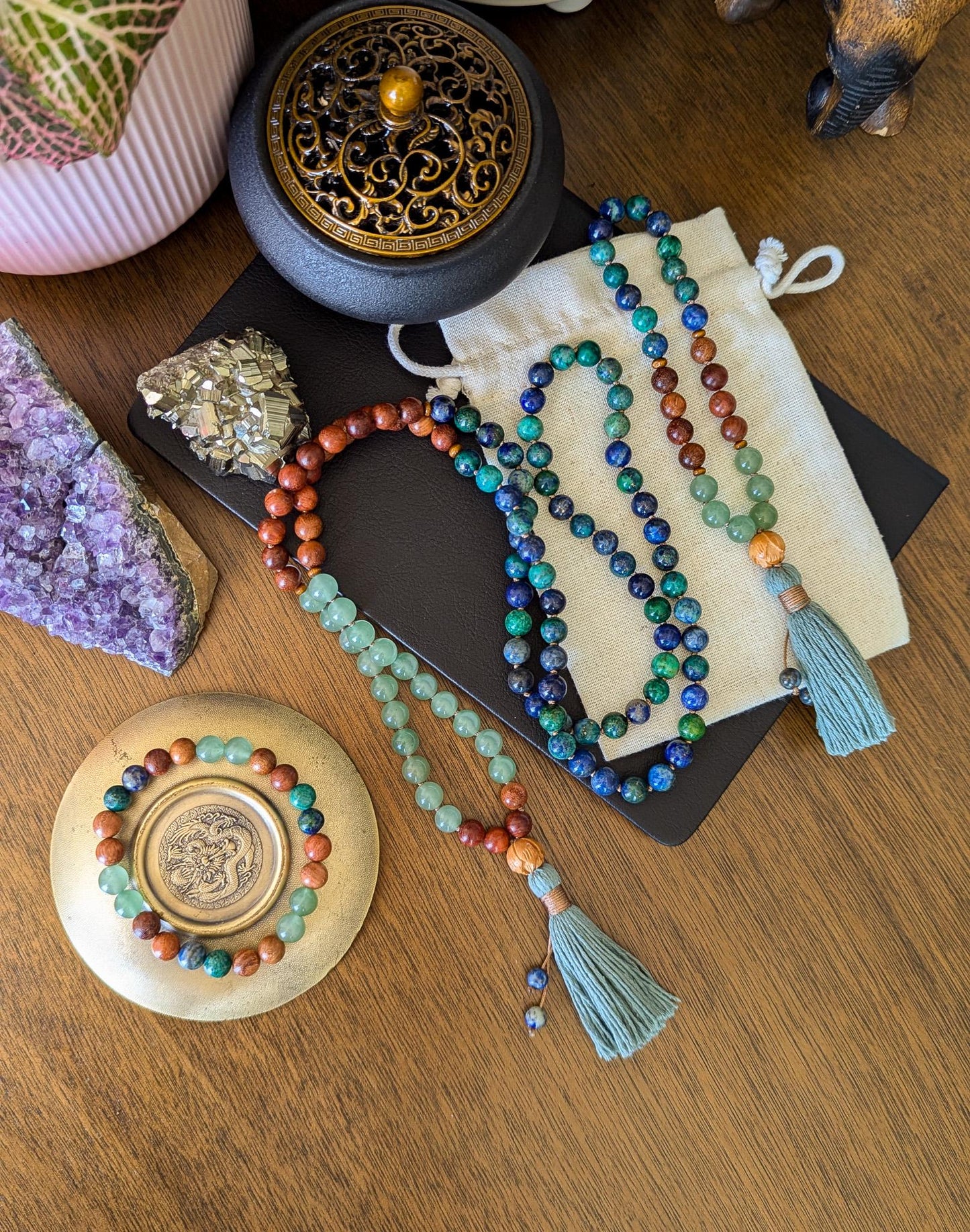 Green Aventurine, Sandalwood & Azurite Mala 108 Bead Reiki-Infused Meditation Necklace for Healing, Mindfulness and Intention Setting