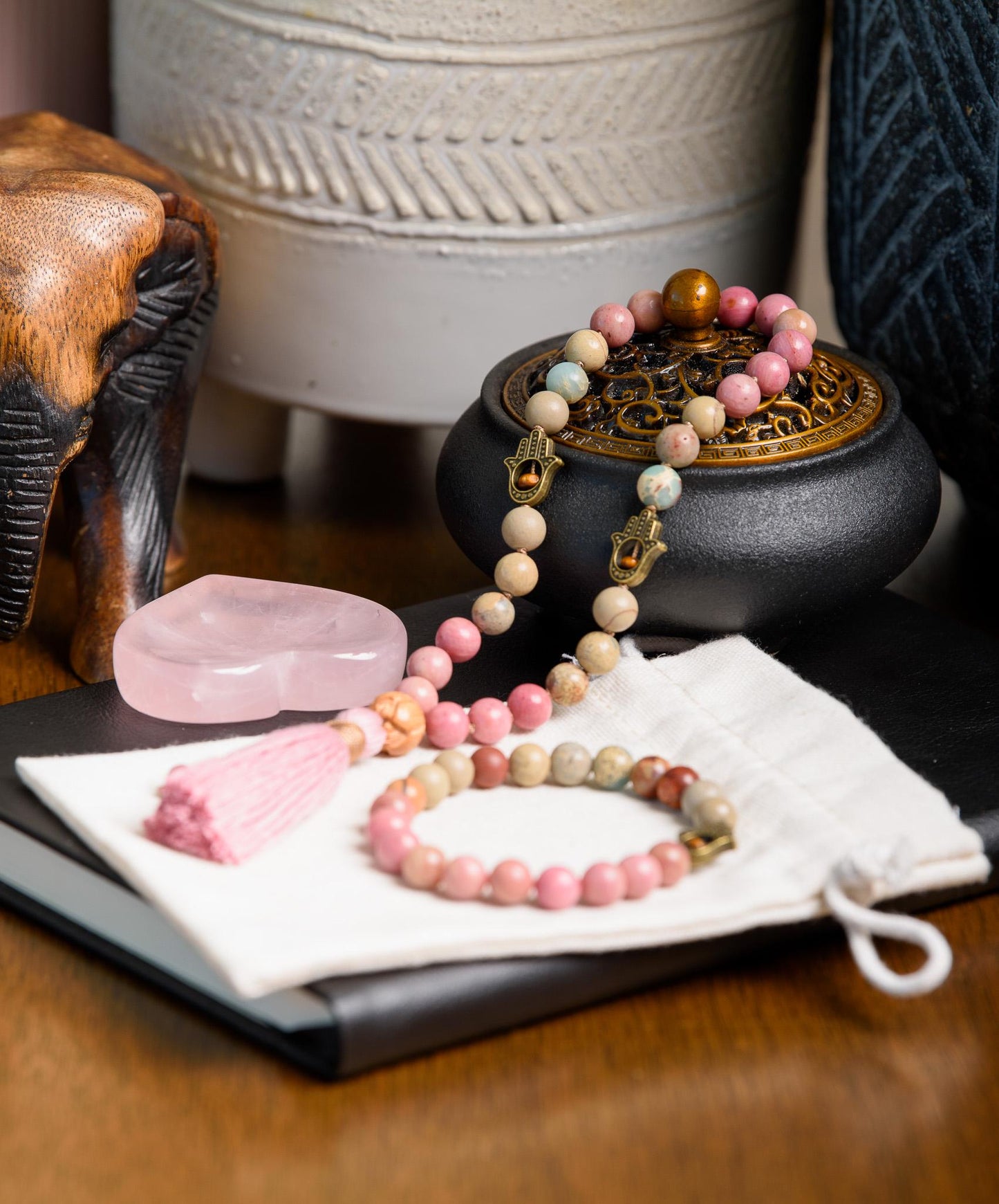 Rhodochrosite & Serpentine 27 Bead Pocket Mala and Wrist Bracelet Set, Reiki-Infused Meditation Jewelry for Healing and Balance