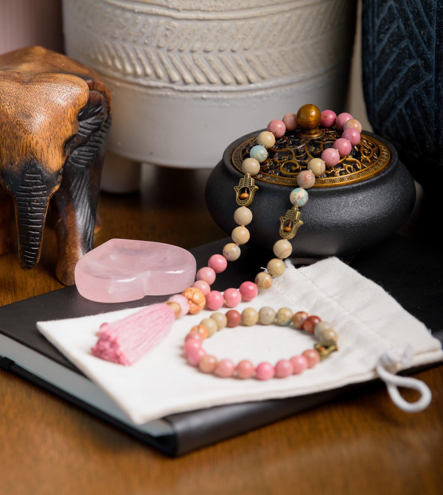 Rhodochrosite & Serpentine 27 Bead Pocket Mala and Wrist Bracelet Set, Reiki-Infused Meditation Jewelry for Healing and Balance