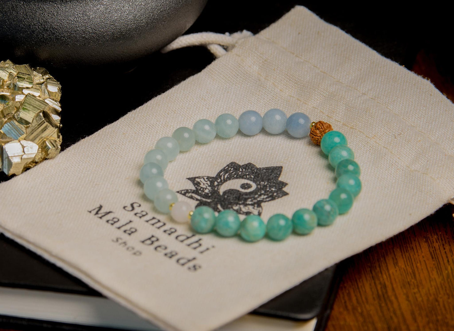 Reiki-Infused Amazonite & Aquamarine Wrist Mala Bracelet Spiritual Meditation Jewelry for Healing and Mindfulness