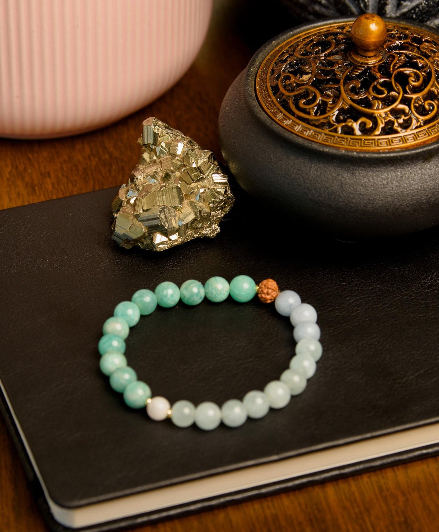 Reiki-Infused Amazonite & Aquamarine Wrist Mala Bracelet Spiritual Meditation Jewelry for Healing and Mindfulness