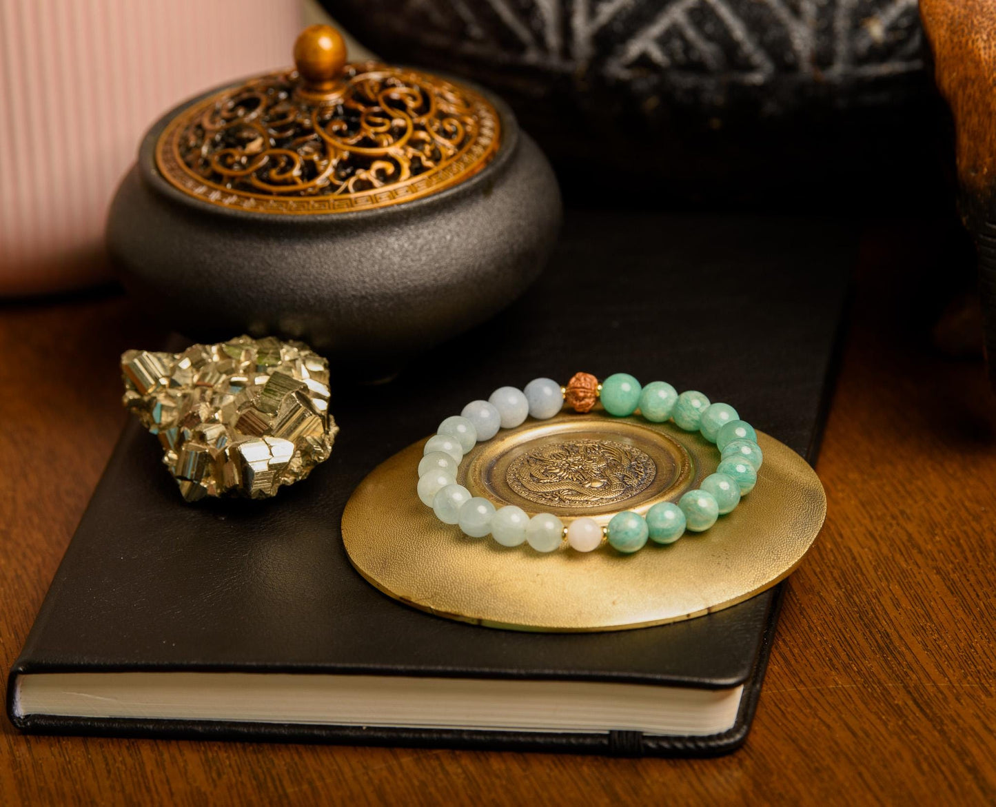 Reiki-Infused Amazonite & Aquamarine Wrist Mala Bracelet Spiritual Meditation Jewelry for Healing and Mindfulness