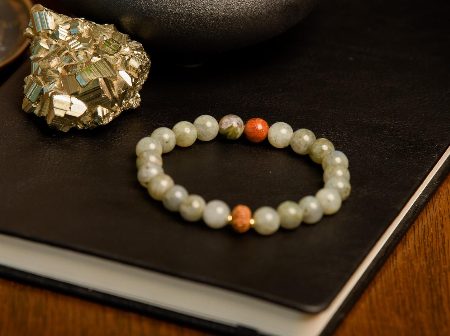 Labradorite & Rudraksha Seed Wrist Mala Bracelet 8mm, Reiki-Infused Meditation Jewelry for Mindfulness and Energy Healing
