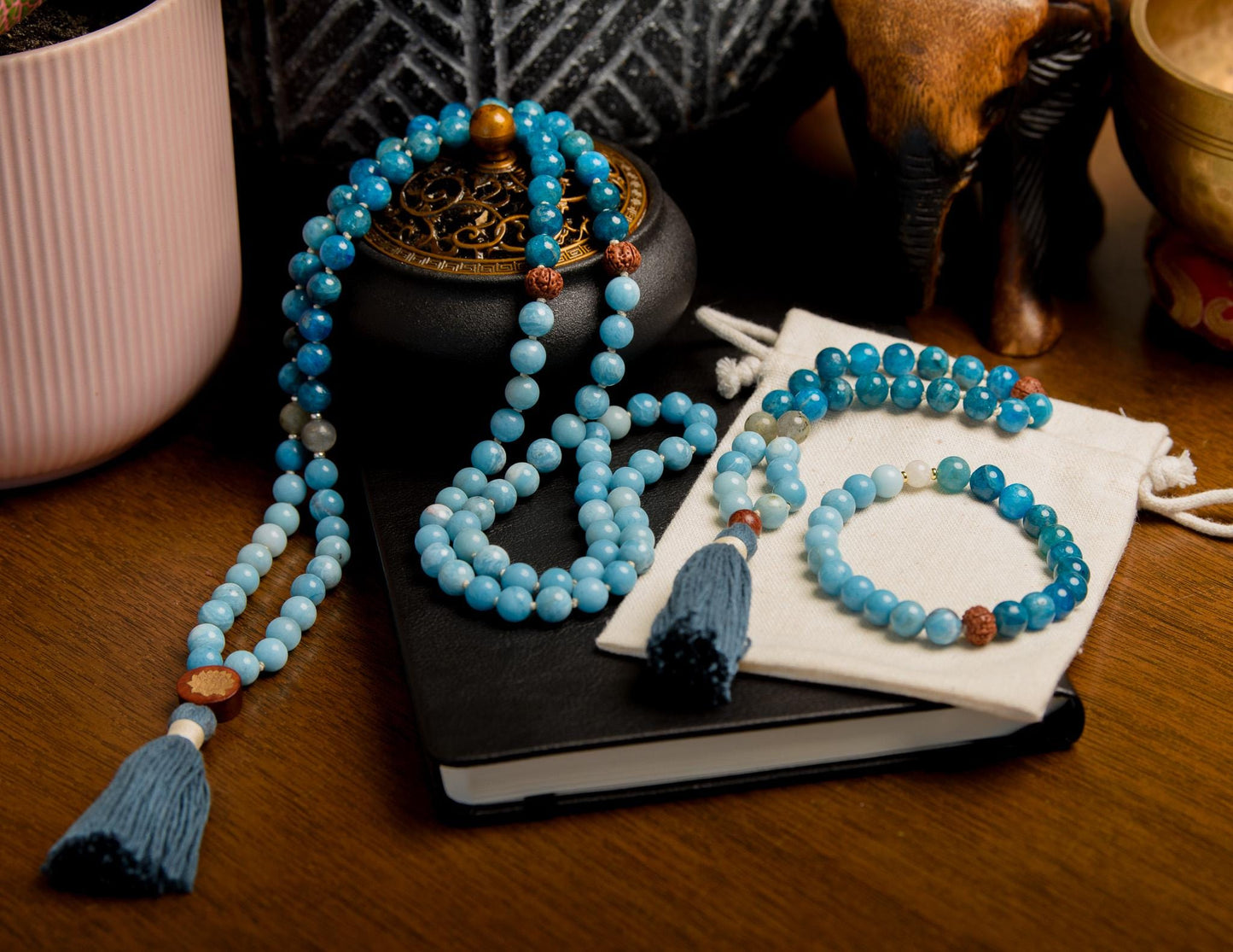 Larimar Mala with Apatite & Rudraksha 108-Bead Reiki-Infused Meditation Necklace with Bamboo Tassel for Spiritual Healing and Clarity