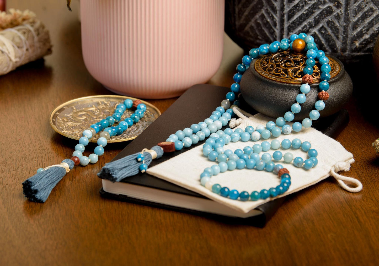Larimar Mala with Apatite & Rudraksha 108-Bead Reiki-Infused Meditation Necklace with Bamboo Tassel for Spiritual Healing and Clarity
