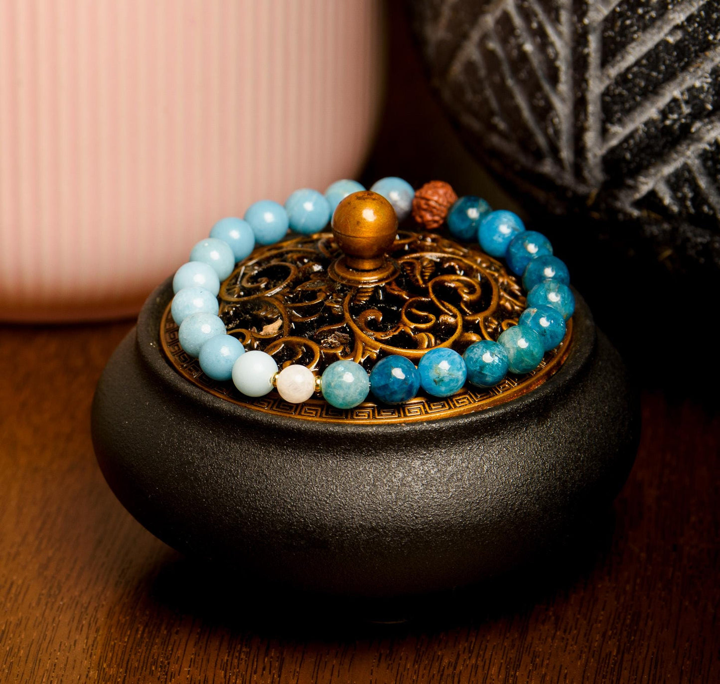 Larimar Mala with Apatite & Rudraksha 108-Bead Reiki-Infused Meditation Necklace with Bamboo Tassel for Spiritual Healing and Clarity