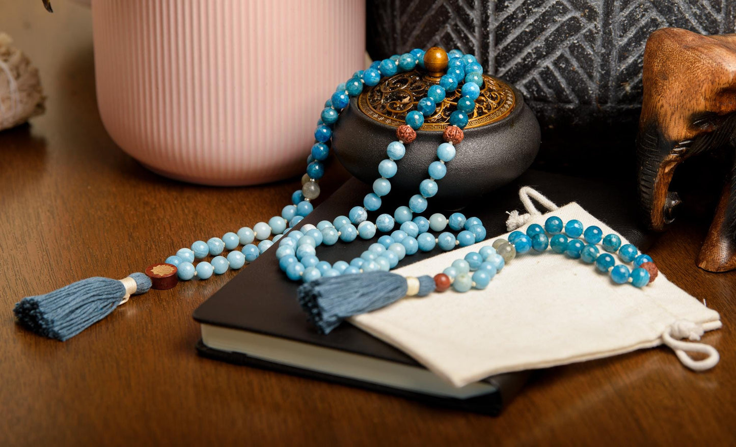 Larimar Mala with Apatite & Rudraksha 108-Bead Reiki-Infused Meditation Necklace with Bamboo Tassel for Spiritual Healing and Clarity