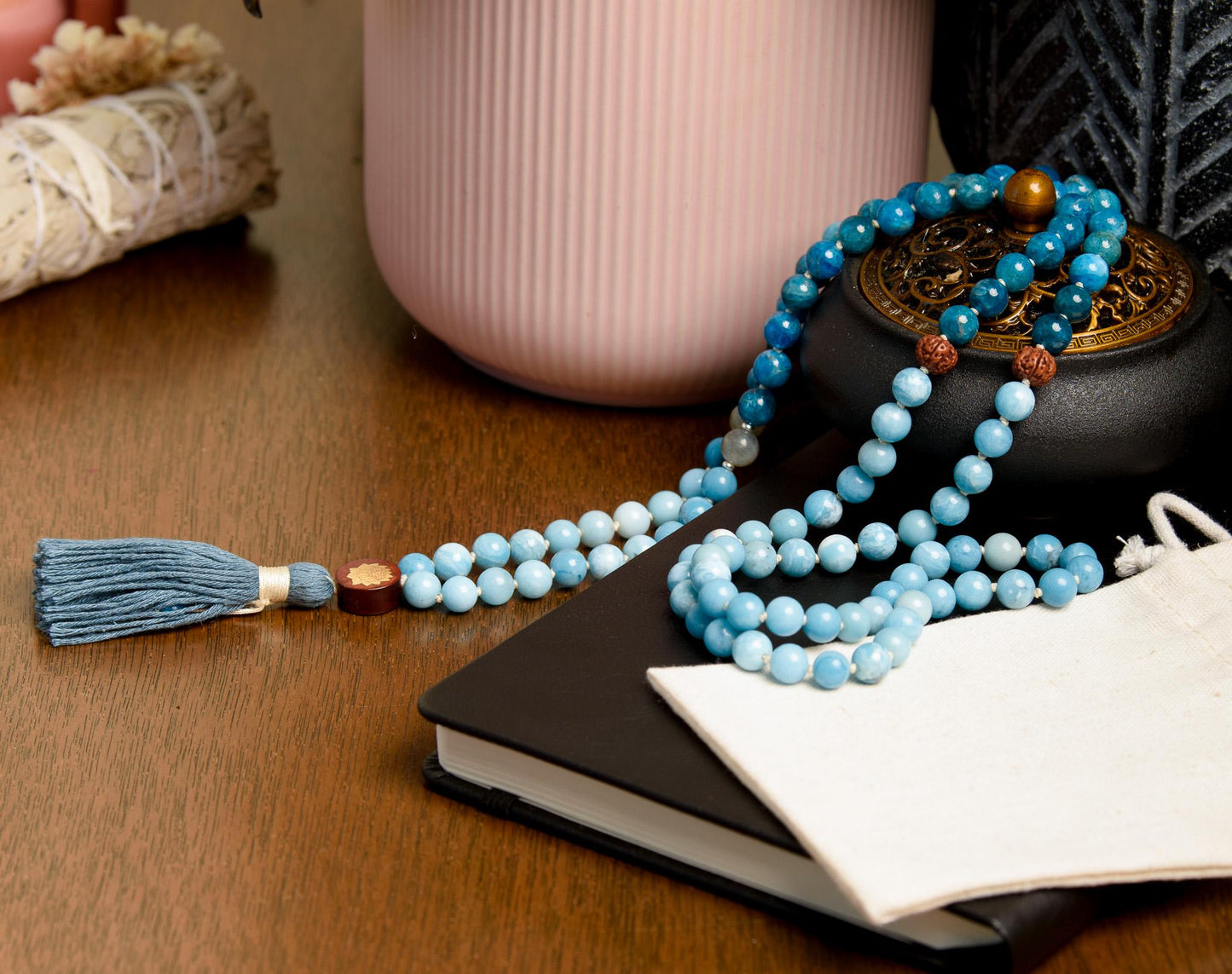 Larimar Mala with Apatite & Rudraksha 108-Bead Reiki-Infused Meditation Necklace with Bamboo Tassel for Spiritual Healing and Clarity