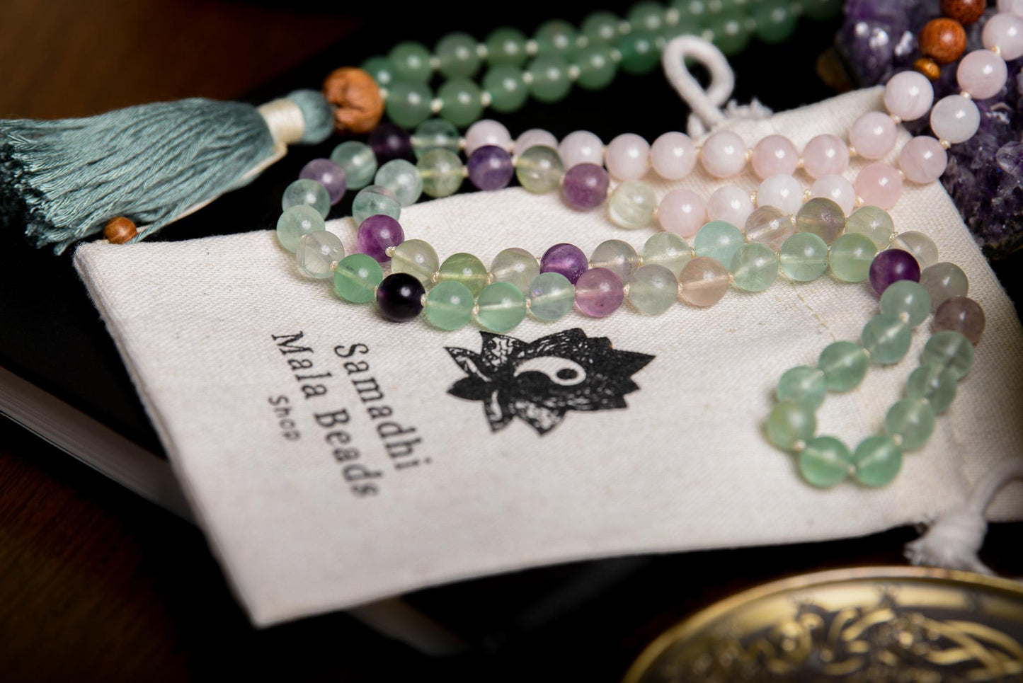 Fluorite, Green Aventurine, Rose Quartz & Sandalwood Mala 108 Bead Reiki-Infused Meditation Necklace for Healing and Intention Setting