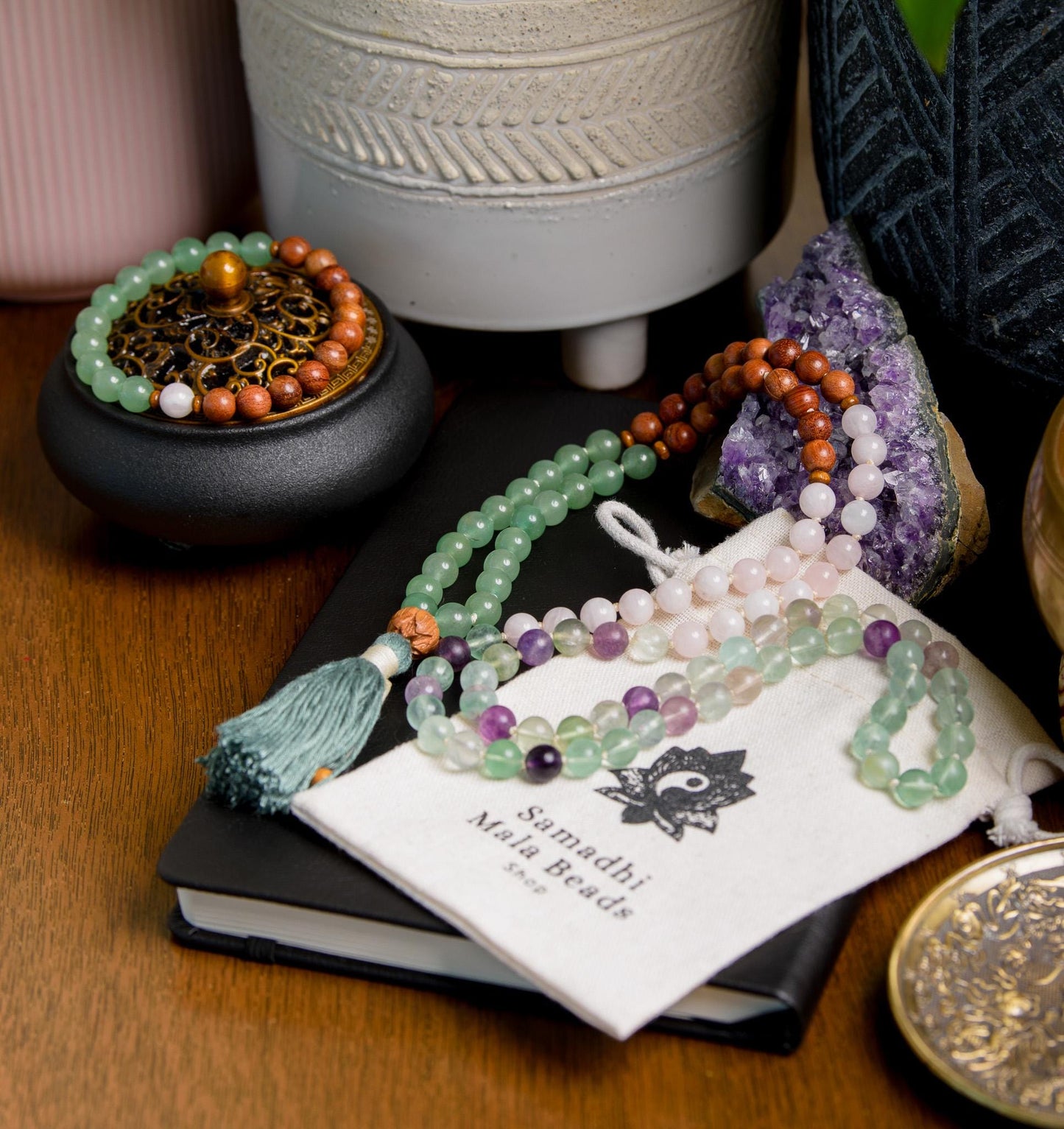 Fluorite, Green Aventurine, Rose Quartz & Sandalwood Mala 108 Bead Reiki-Infused Meditation Necklace for Healing and Intention Setting