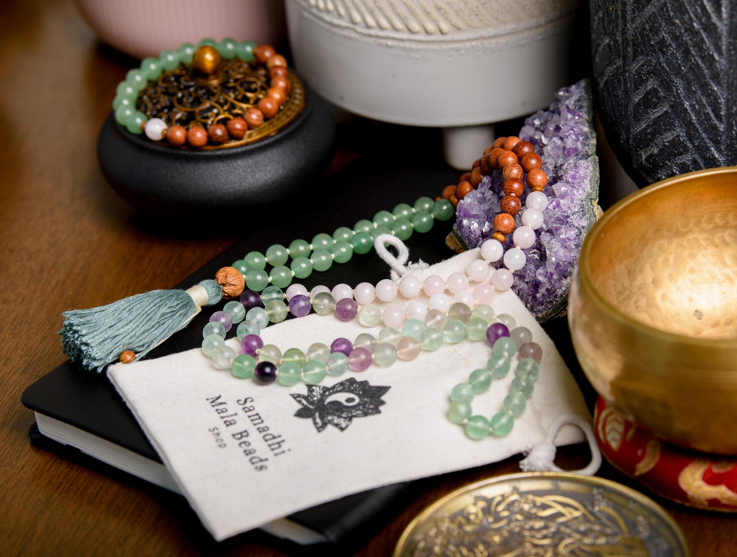 Fluorite, Green Aventurine, Rose Quartz & Sandalwood Mala 108 Bead Reiki-Infused Meditation Necklace for Healing and Intention Setting