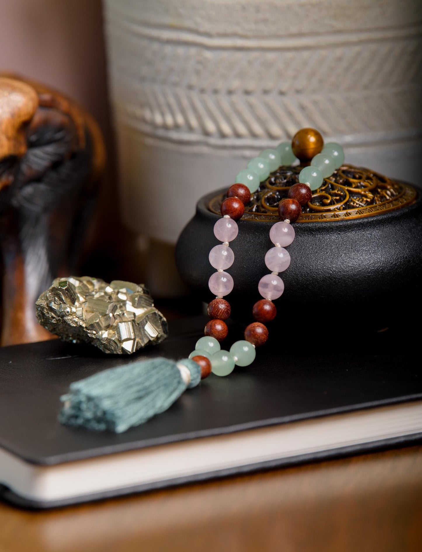 Sandalwood, Green Aventurine & Rose Quartz Mala Set 27-Bead Pocket Mala and Wrist Bracelet for Meditation, Healing and Mindfulness