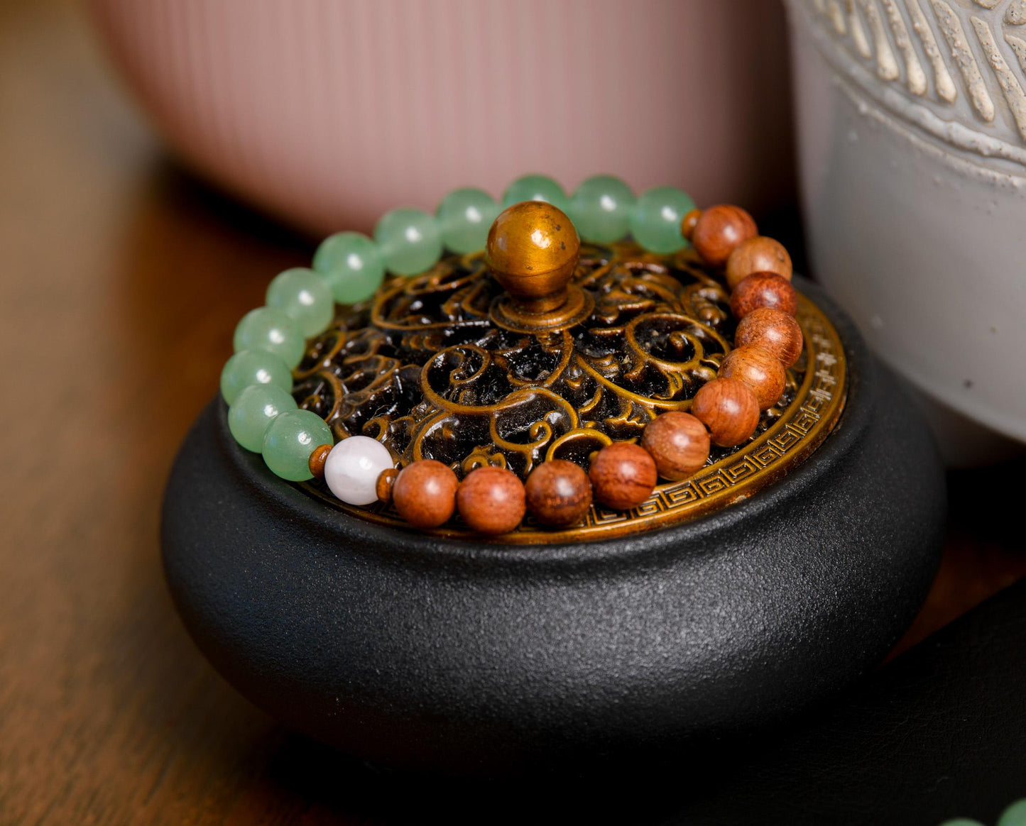 Sandalwood, Green Aventurine & Rose Quartz Mala Set 27-Bead Pocket Mala and Wrist Bracelet for Meditation, Healing and Mindfulness