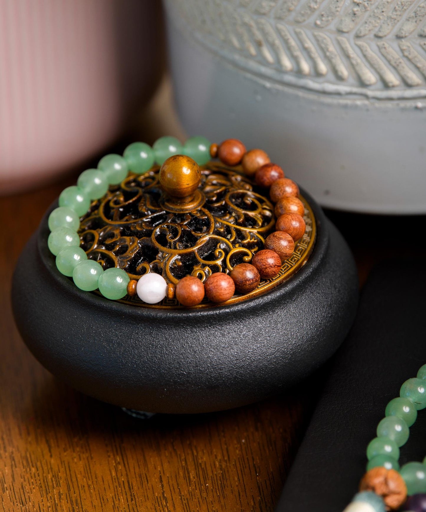 Sandalwood, Green Aventurine & Rose Quartz Mala Set 27-Bead Pocket Mala and Wrist Bracelet for Meditation, Healing and Mindfulness
