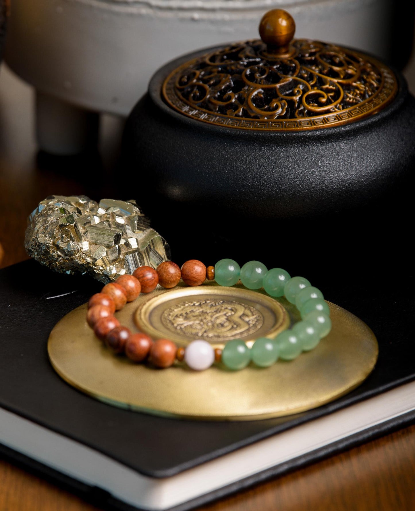 Sandalwood, Green Aventurine & Rose Quartz Mala Set 27-Bead Pocket Mala and Wrist Bracelet for Meditation, Healing and Mindfulness