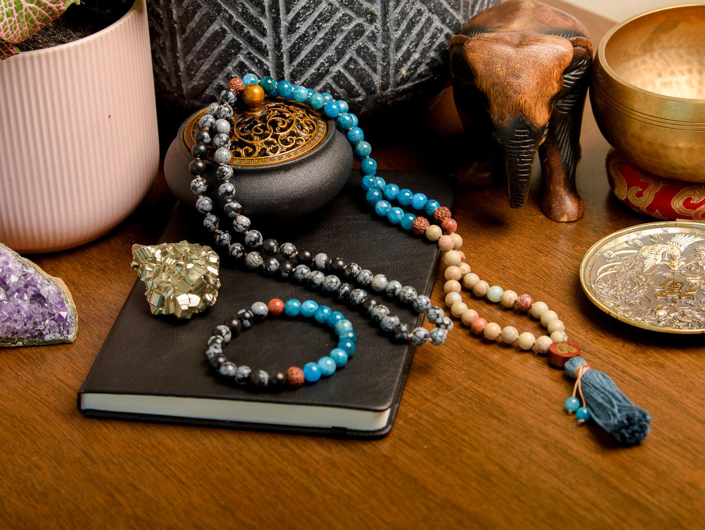 Snowflake Obsidian Mala 108-Bead Reiki-Infused Meditation Necklace with Apatite & Rudraksha for Spiritual Healing
