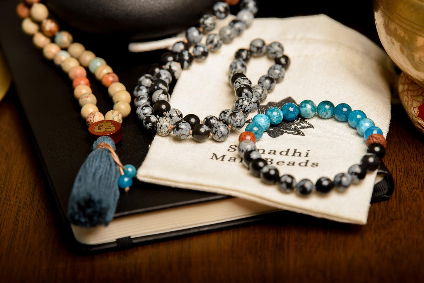 Snowflake Obsidian Mala 108-Bead Reiki-Infused Meditation Necklace with Apatite & Rudraksha for Spiritual Healing