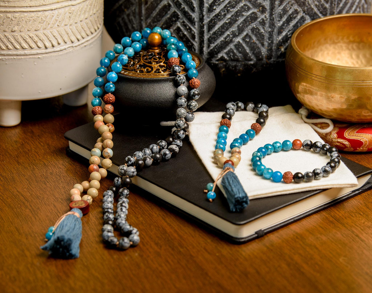 Snowflake Obsidian Mala 108-Bead Reiki-Infused Meditation Necklace with Apatite & Rudraksha for Spiritual Healing