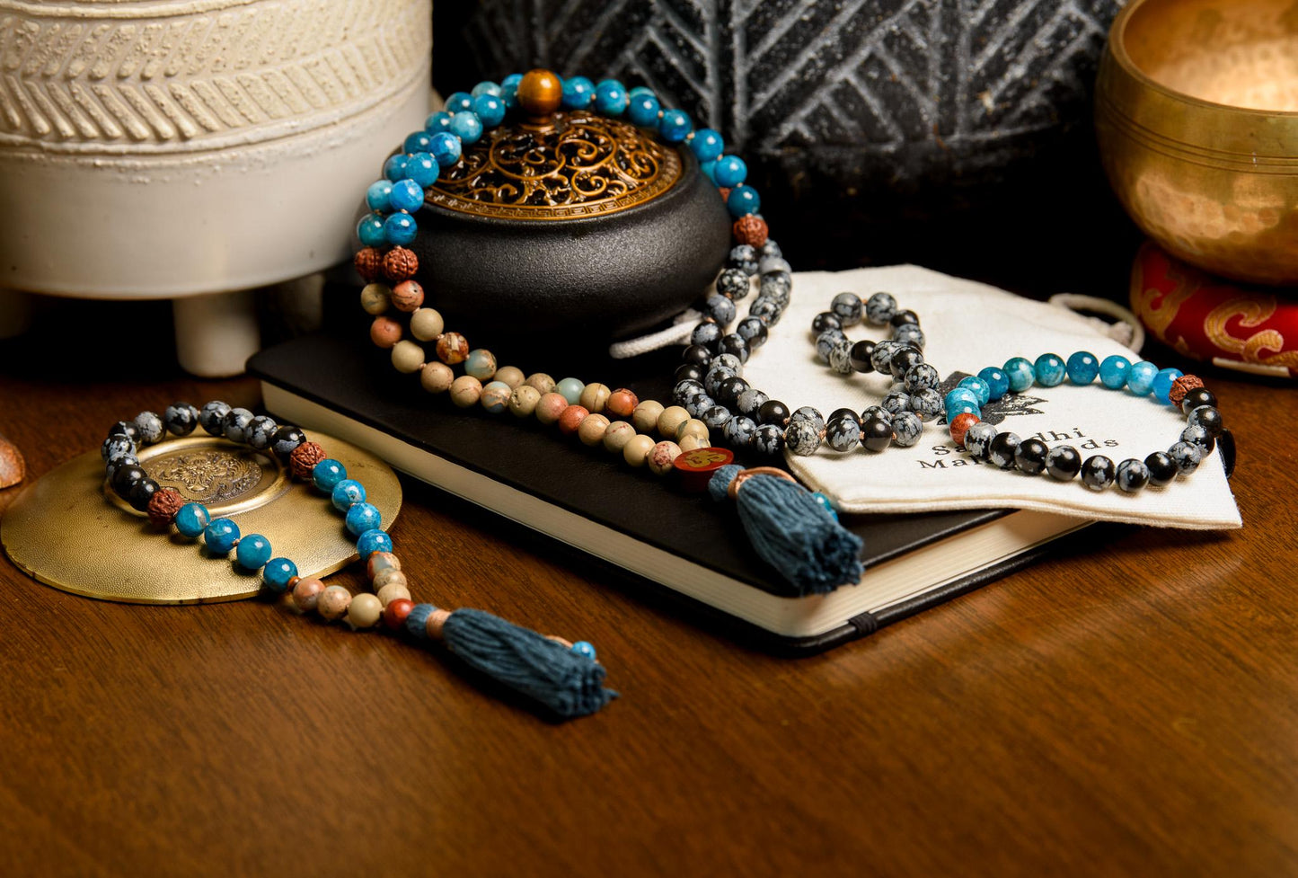 Snowflake Obsidian Mala 108-Bead Reiki-Infused Meditation Necklace with Apatite & Rudraksha for Spiritual Healing