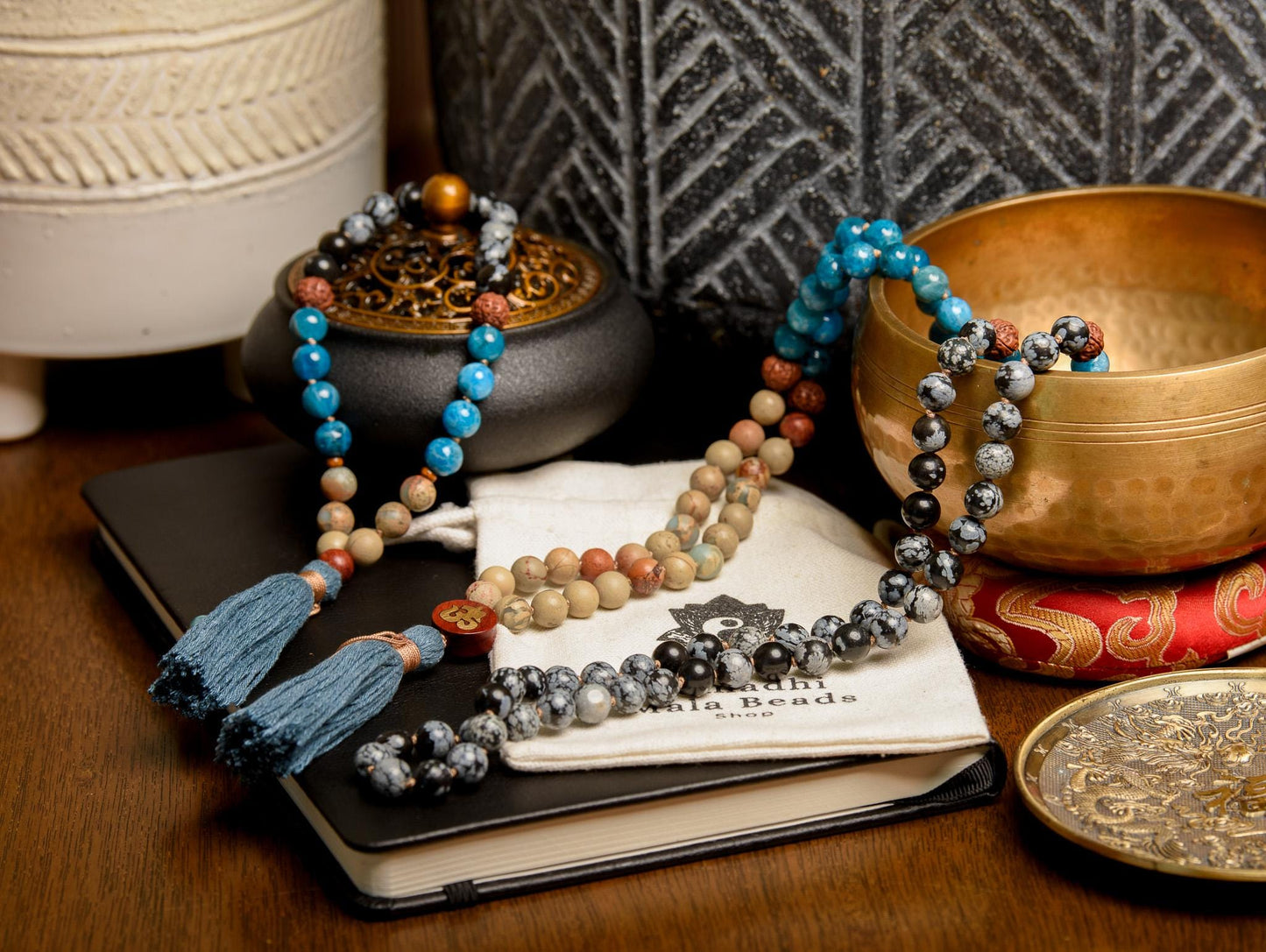 Snowflake Obsidian Mala 108-Bead Reiki-Infused Meditation Necklace with Apatite & Rudraksha for Spiritual Healing