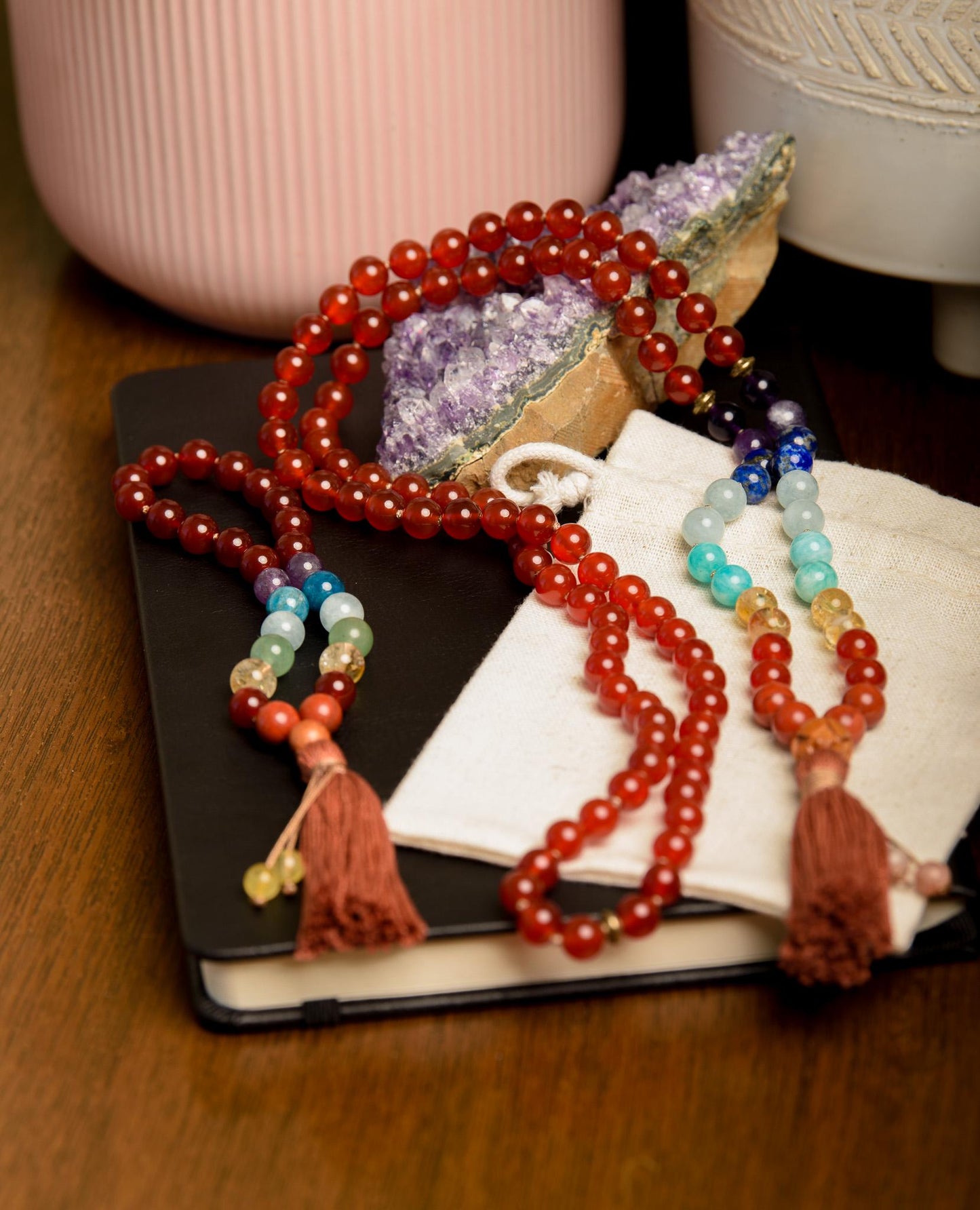 Carnelian & 7 Chakras Mala Beads 108 Reiki Infused Meditation Necklace for Chakra Alignment and Spiritual Healing
