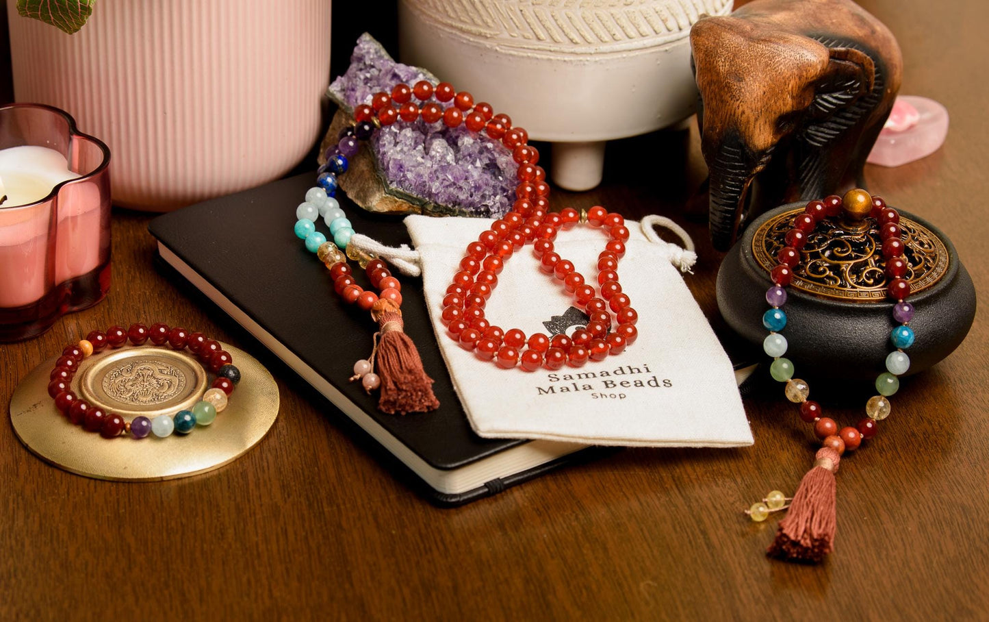 Carnelian & 7 Chakras Mala Beads 108 Reiki Infused Meditation Necklace for Chakra Alignment and Spiritual Healing