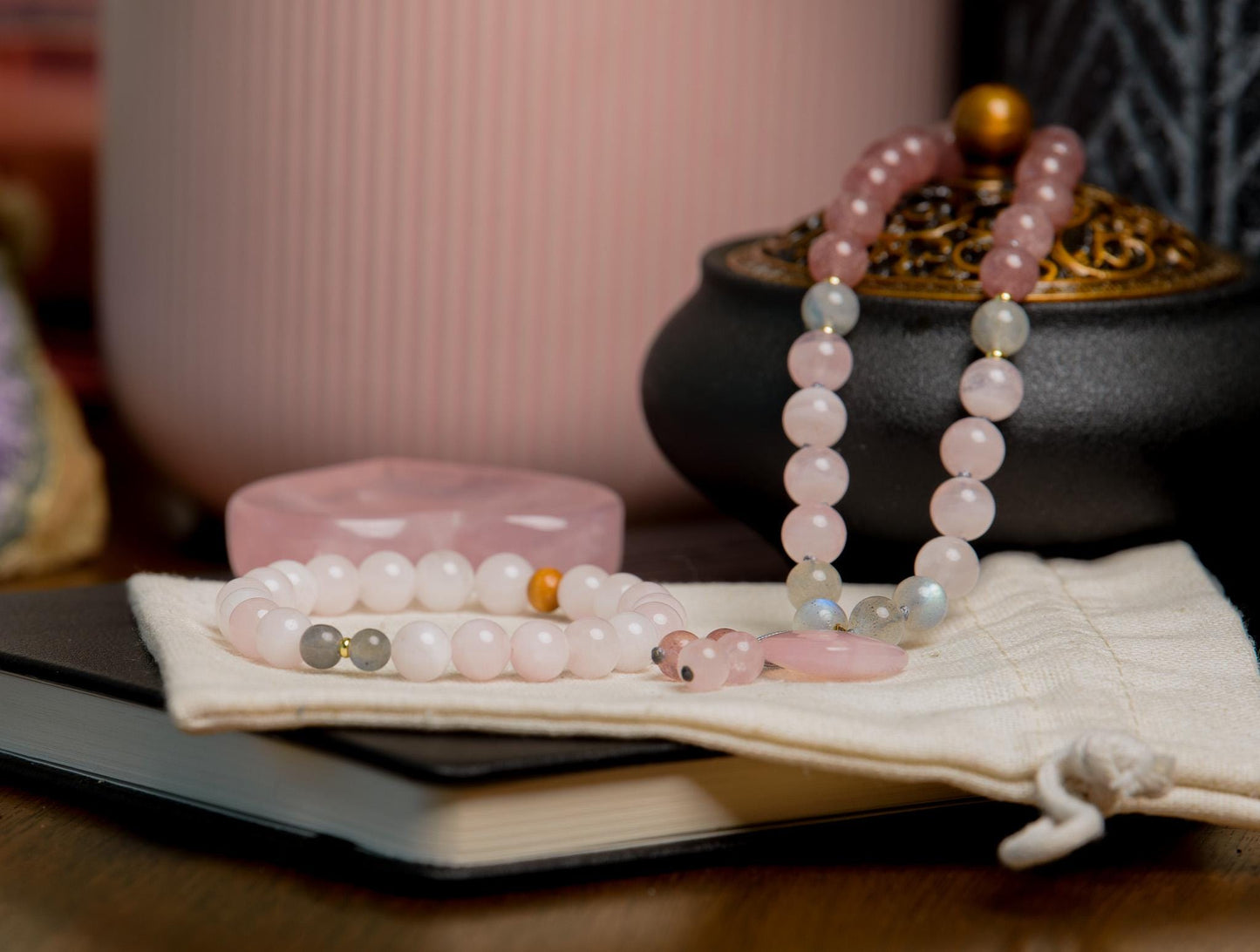 Pocket Mala and Wrist Mala Bracelet Set, Labradorite, Strawberry and Rose Quartz, Meditation Jewelry for Healing, Love and Transformation