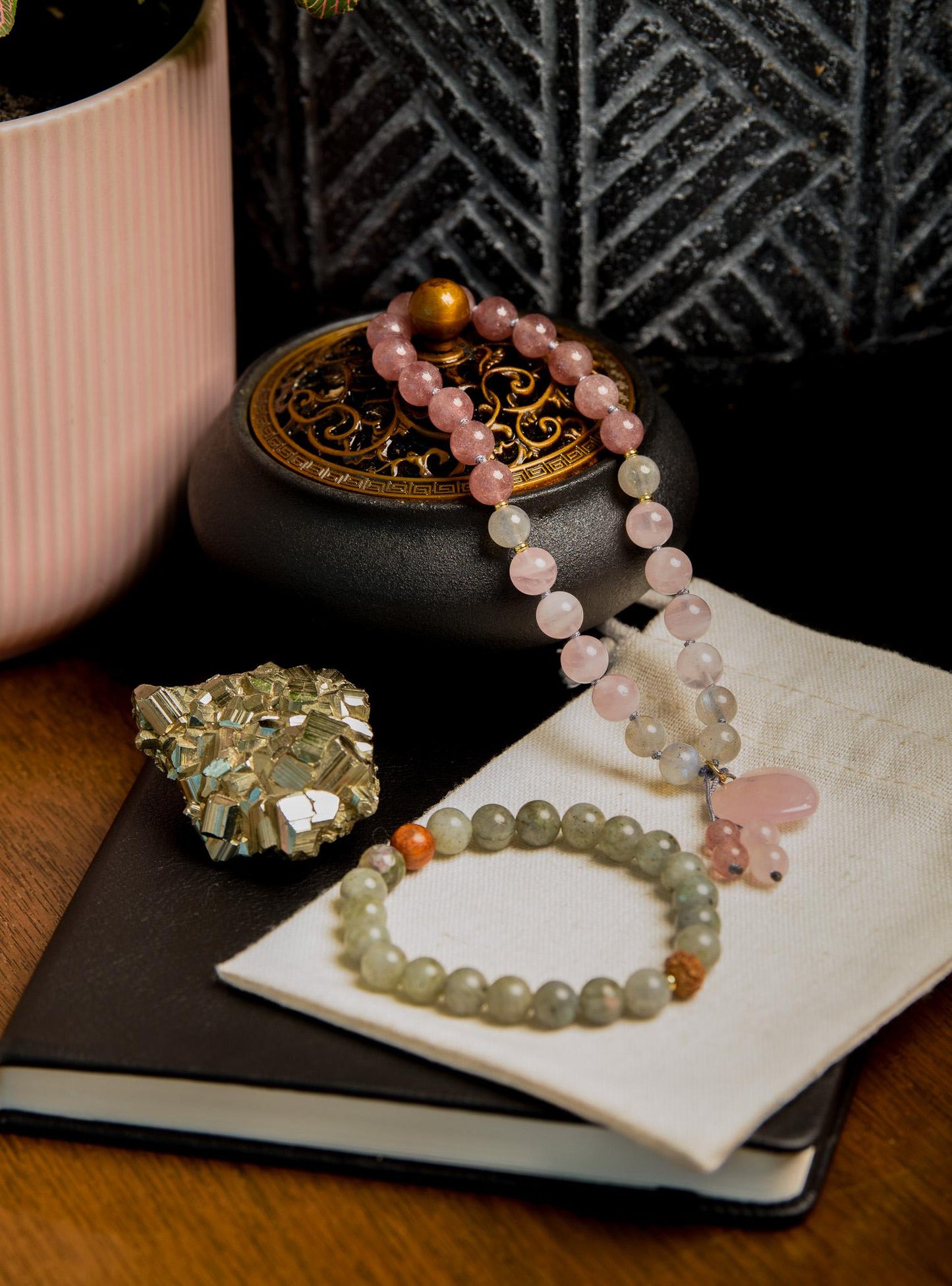 Pocket Mala and Wrist Mala Bracelet Set, Labradorite, Strawberry and Rose Quartz, Meditation Jewelry for Healing, Love and Transformation