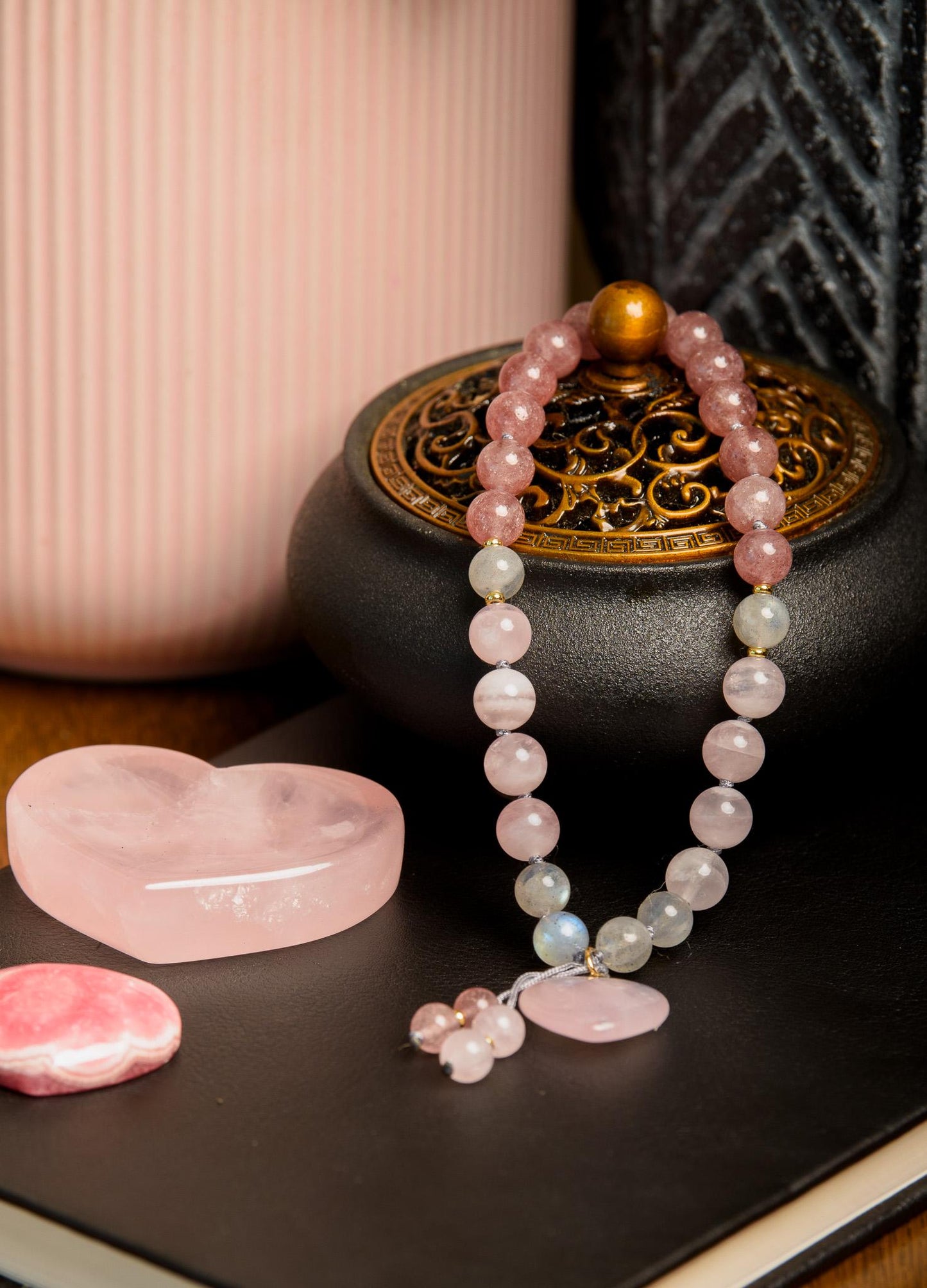 Pocket Mala and Wrist Mala Bracelet Set, Labradorite, Strawberry and Rose Quartz, Meditation Jewelry for Healing, Love and Transformation