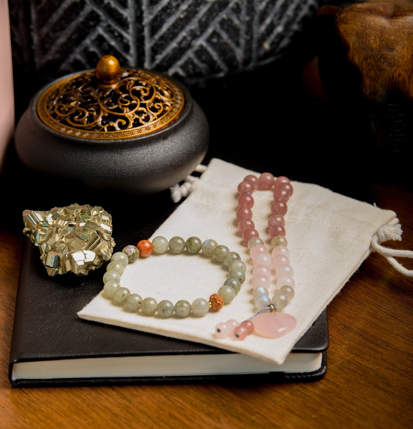 Pocket Mala and Wrist Mala Bracelet Set, Labradorite, Strawberry and Rose Quartz, Meditation Jewelry for Healing, Love and Transformation