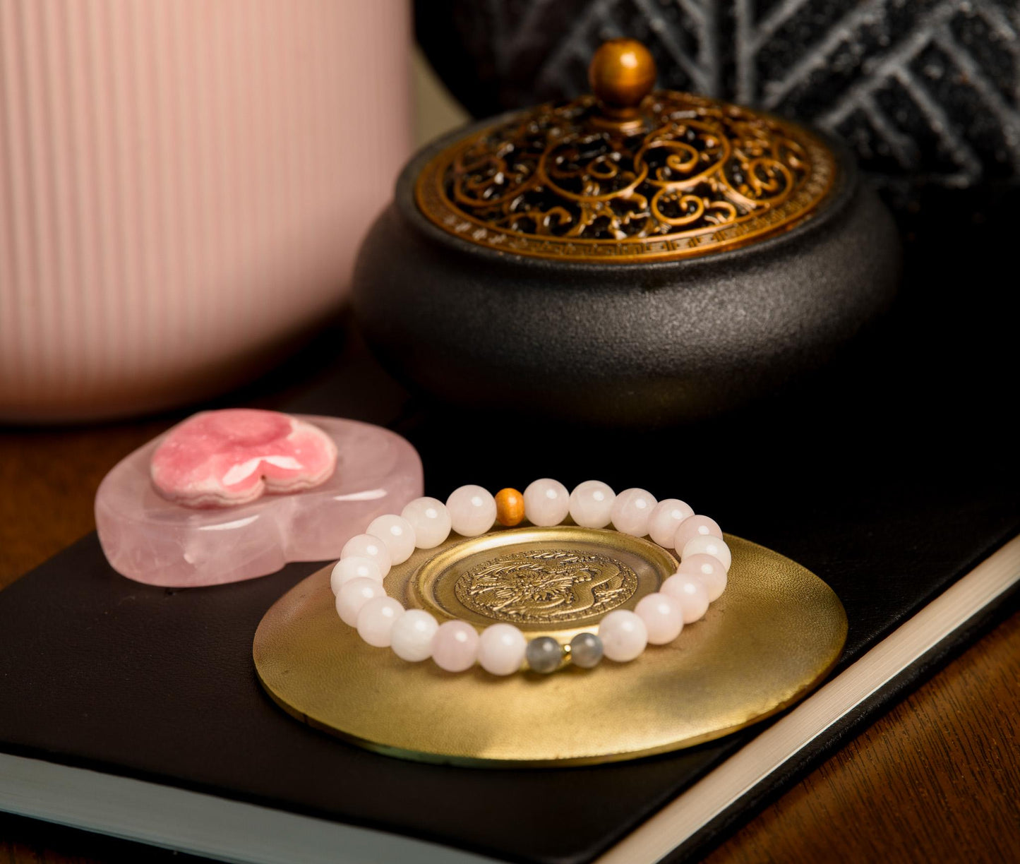 Pocket Mala and Wrist Mala Bracelet Set, Labradorite, Strawberry and Rose Quartz, Meditation Jewelry for Healing, Love and Transformation