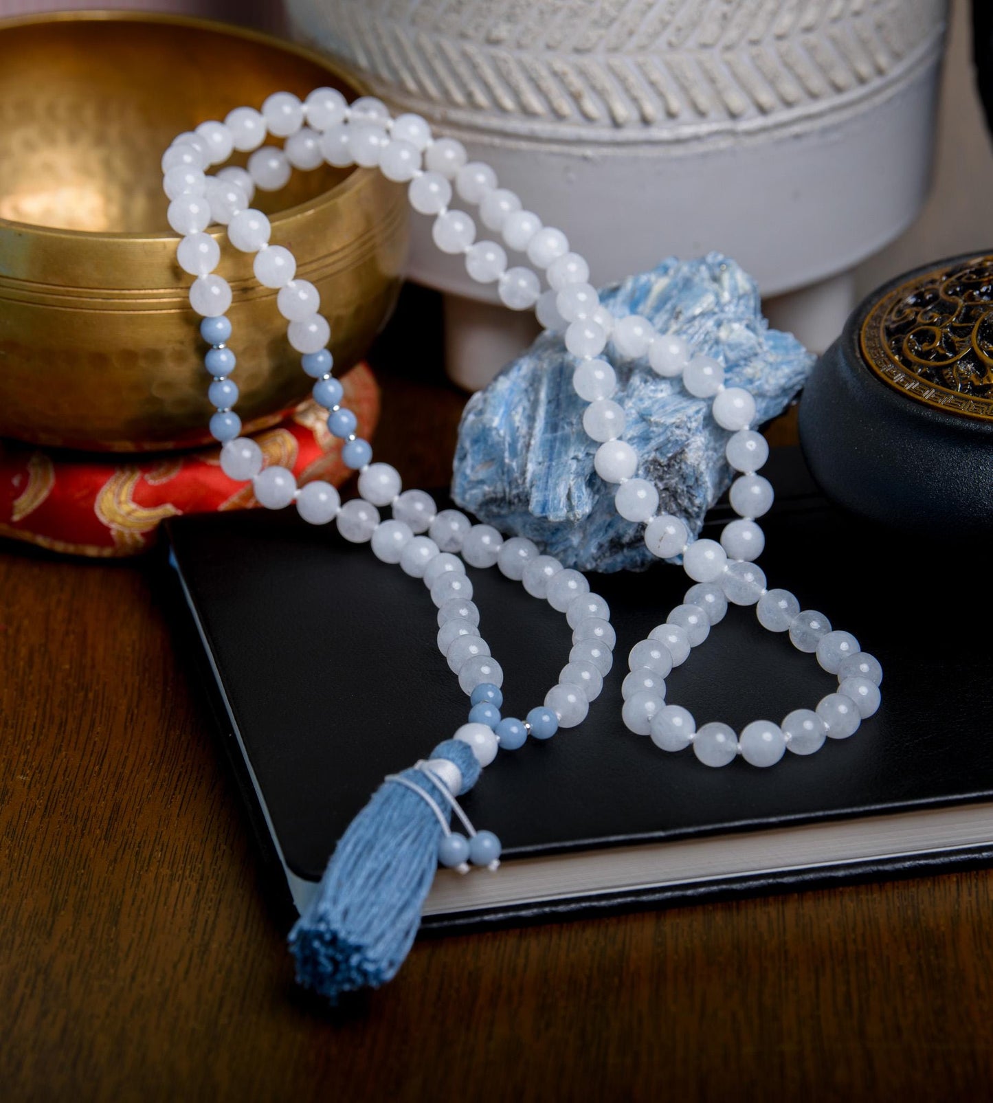 White Jade & Angelite Mala Necklace 108 Beads for Spiritual Healing and Inner Peace, Meditation Beads