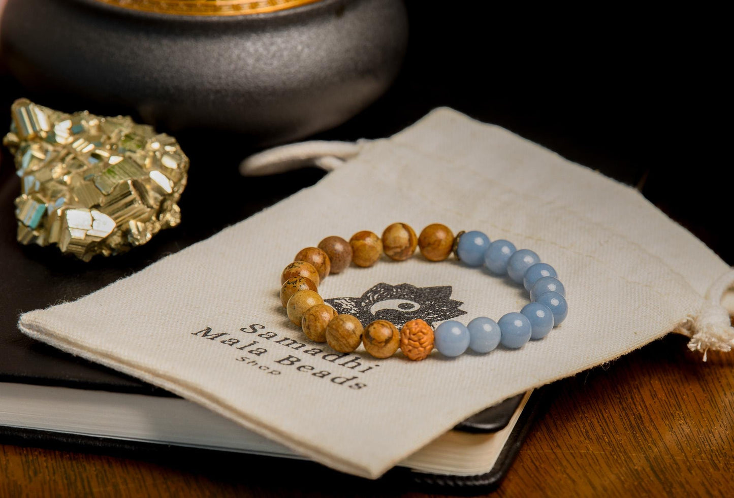 Angelite & Picture Jasper Wrist Mala Bracelet Reiki-Infused for Inner Peace and Grounding