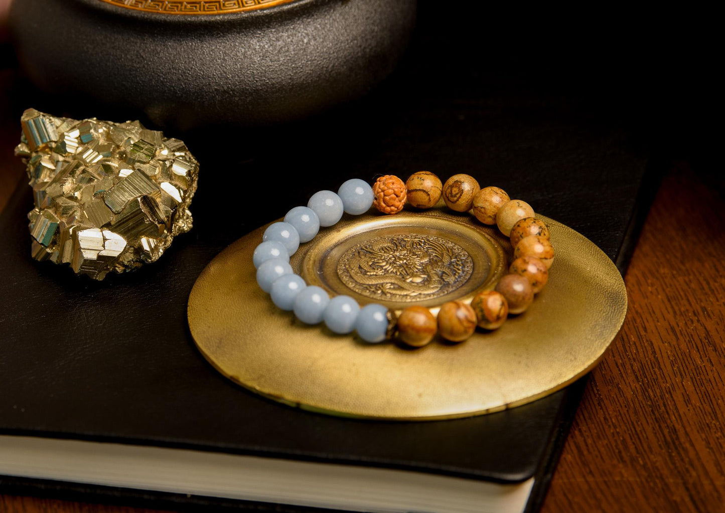 Angelite & Picture Jasper Wrist Mala Bracelet Reiki-Infused for Inner Peace and Grounding