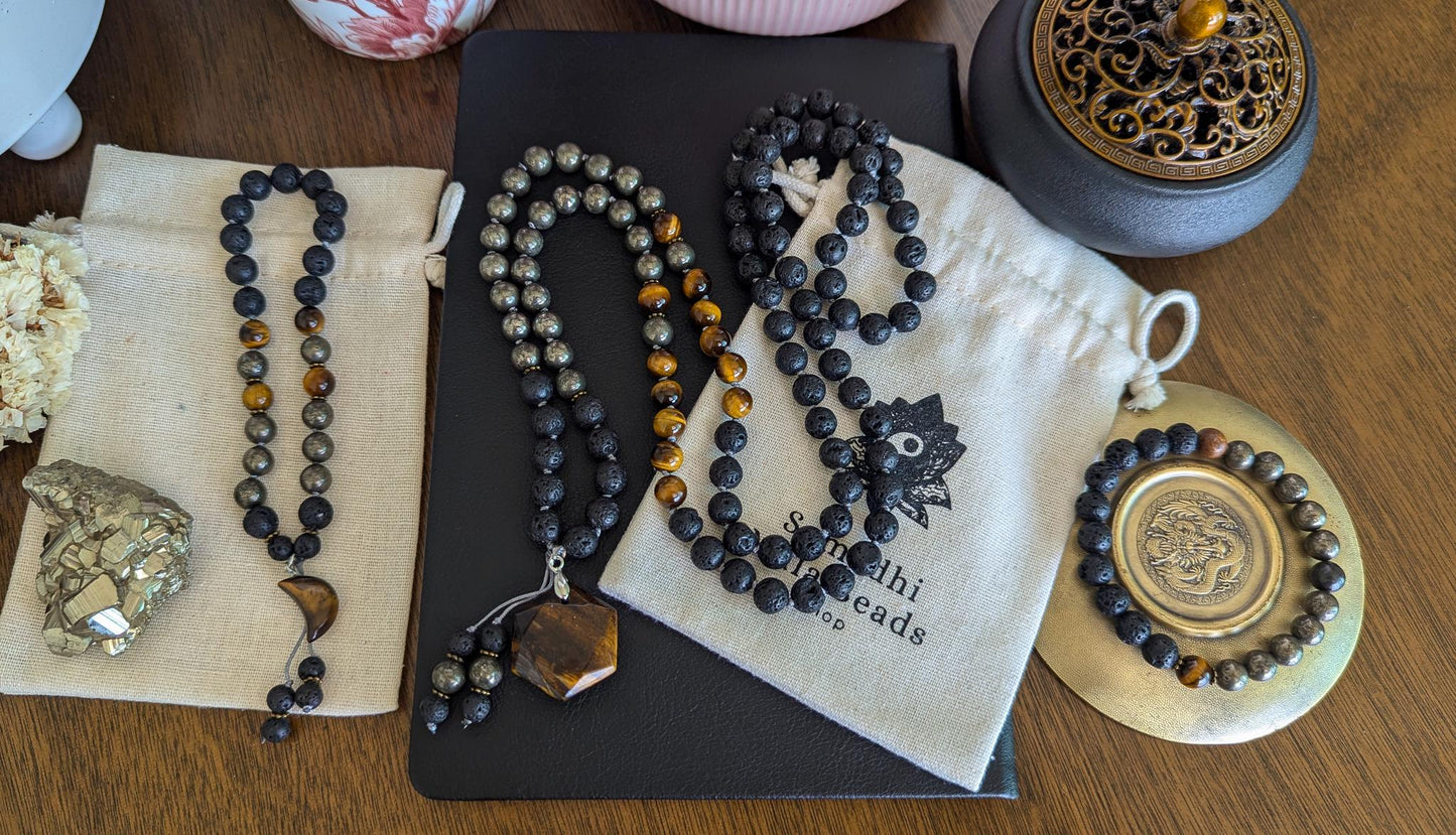 Power & Protection Tigers Eye Mala 108 Beads Lava Rock, Pyrite and Tigers Eye Necklace, Japa Mala for Meditation and Grounding