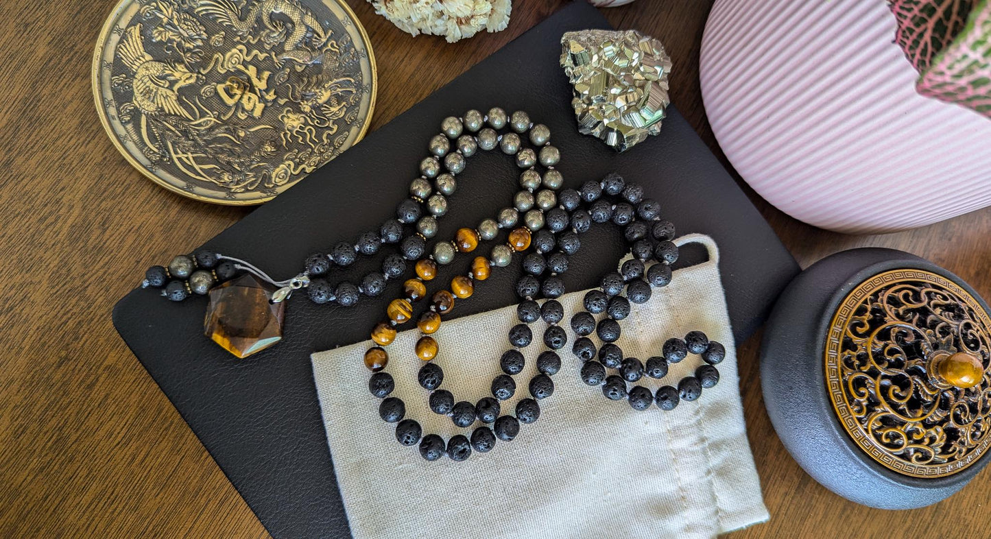 Power & Protection Tigers Eye Mala 108 Beads Lava Rock, Pyrite and Tigers Eye Necklace, Japa Mala for Meditation and Grounding