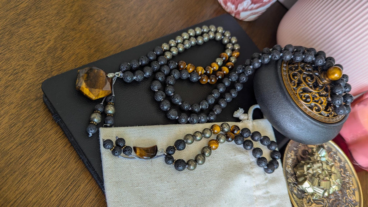 Power & Protection Tigers Eye Mala 108 Beads Lava Rock, Pyrite and Tigers Eye Necklace, Japa Mala for Meditation and Grounding