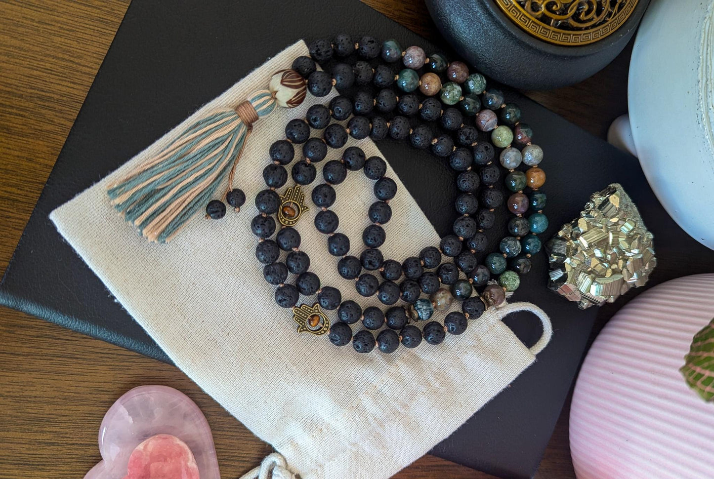 108 Bead Lava Rock & Indian Agate Mala Grounding and Balance Mala Necklace | Reiki-Infused Meditation Beads with Soft Bamboo Tassel