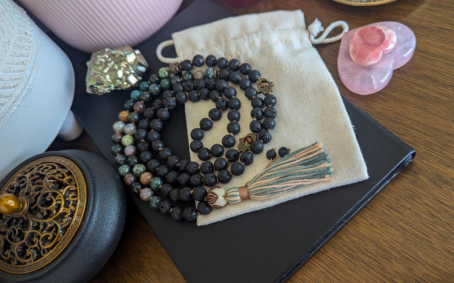 108 Bead Lava Rock & Indian Agate Mala Grounding and Balance Mala Necklace | Reiki-Infused Meditation Beads with Soft Bamboo Tassel