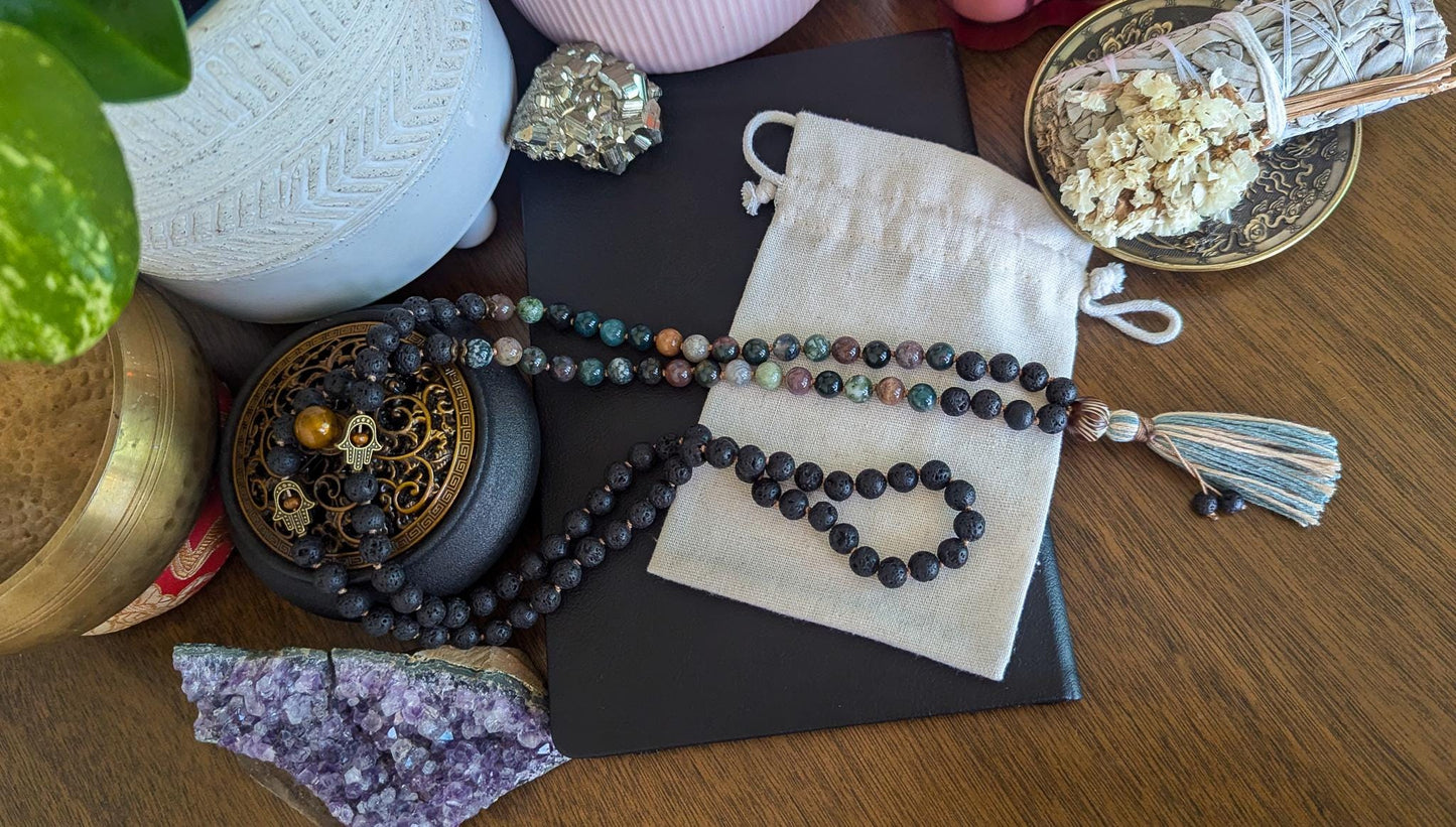 108 Bead Lava Rock & Indian Agate Mala Grounding and Balance Mala Necklace | Reiki-Infused Meditation Beads with Soft Bamboo Tassel