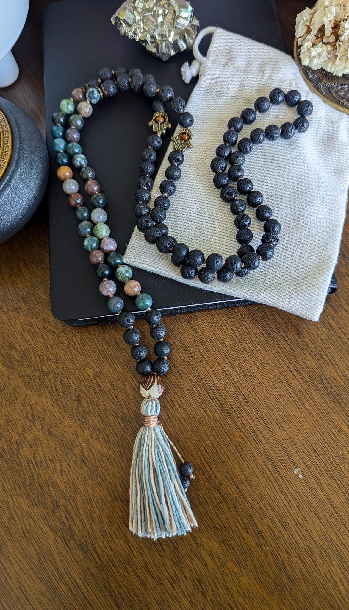 108 Bead Lava Rock & Indian Agate Mala Grounding and Balance Mala Necklace | Reiki-Infused Meditation Beads with Soft Bamboo Tassel